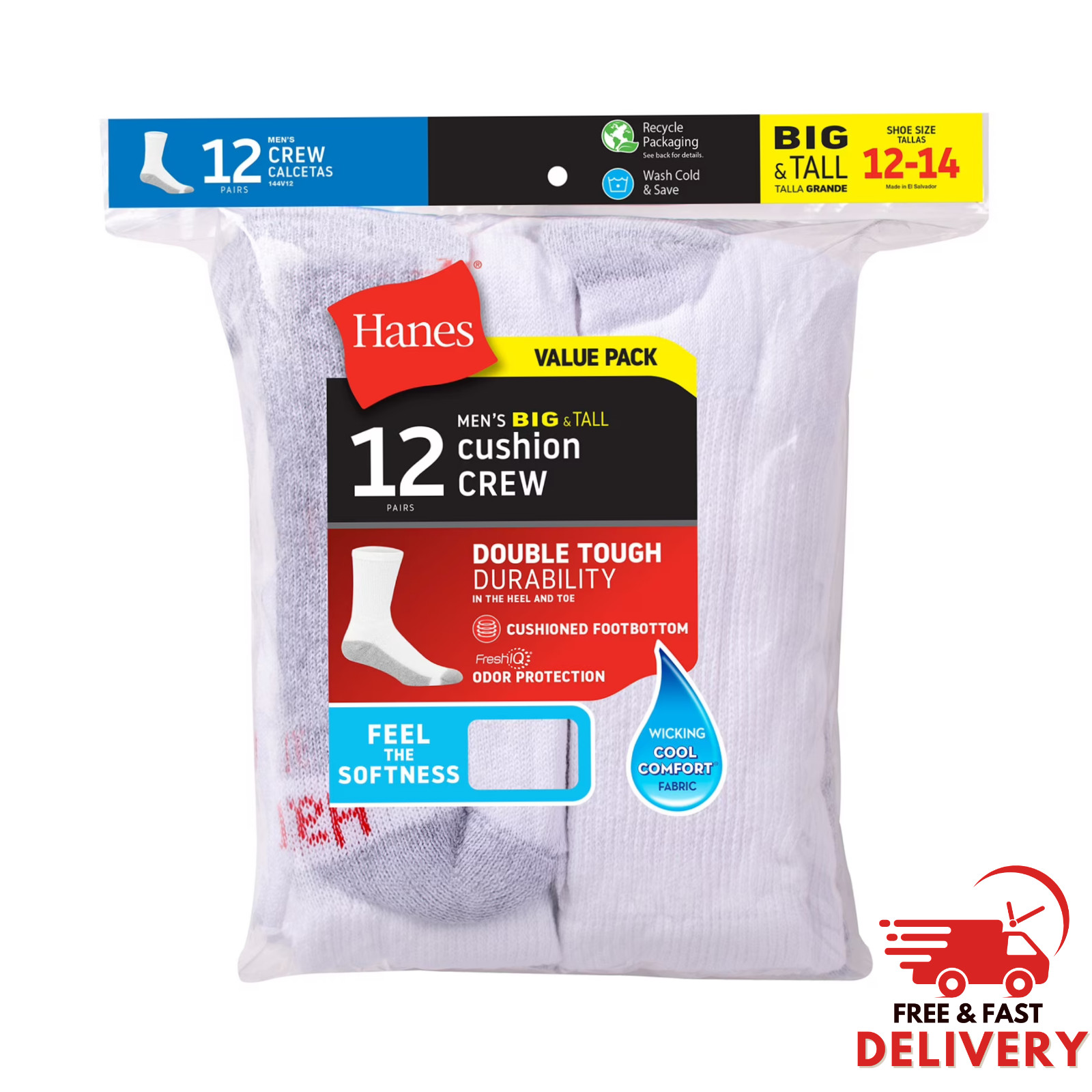 (12-Pair Pack) Hanes Men’s Double Tough Crew Socks,(Shoe Size 12-14)Great Price.