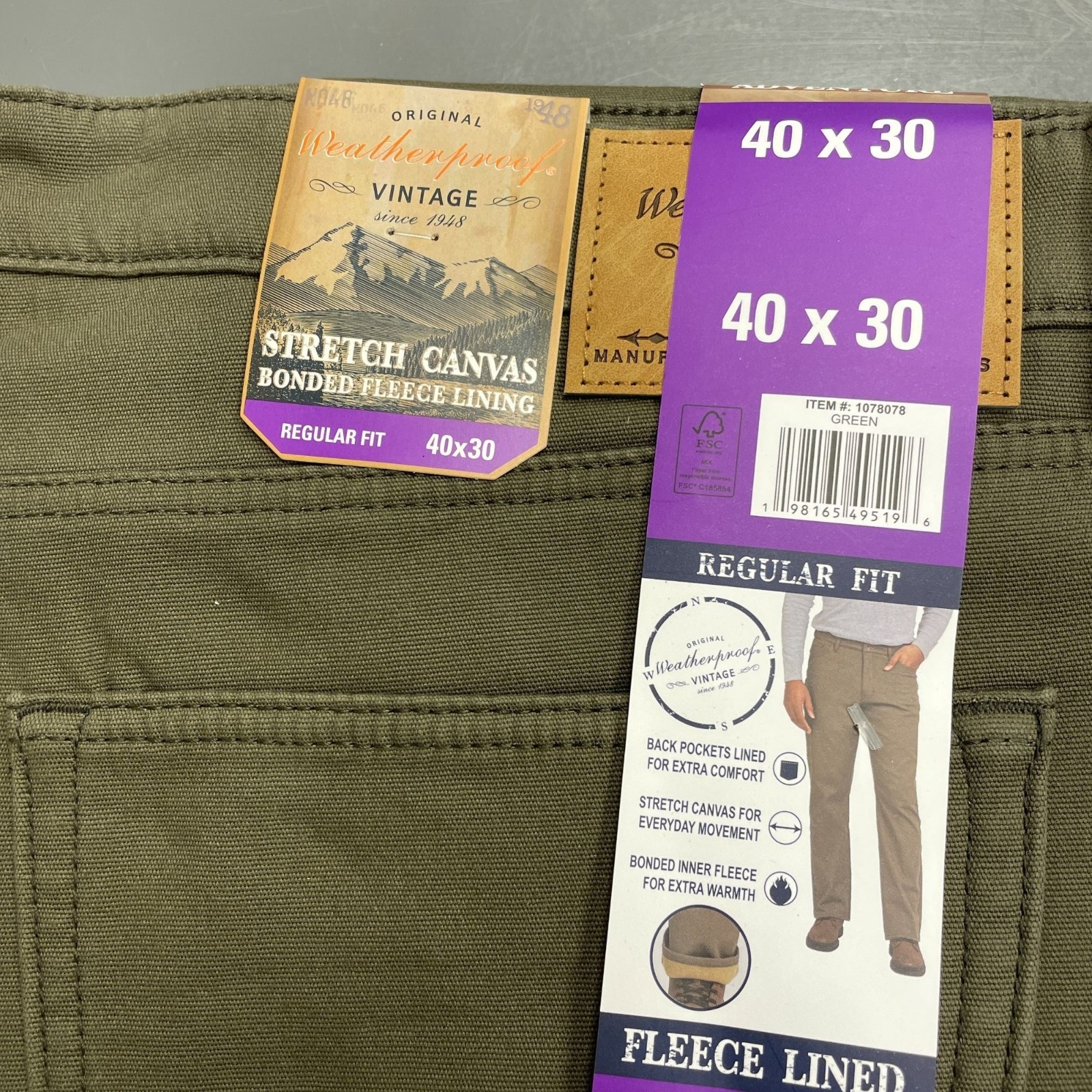 NEW Weatherproof Vintage Men’s 40×30 Regular Fit Green Stretch Canvas Workwear