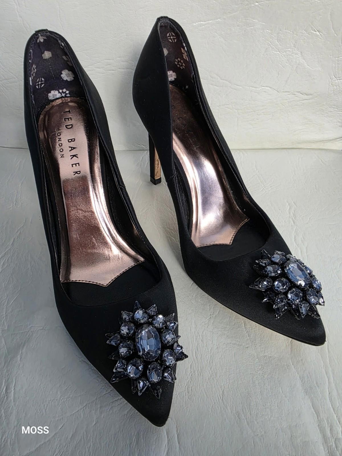 TED BAKER LONDON Sz US 7/EU 37.5 Black Satin Brooch Heel Stiletto Pumps Shoes