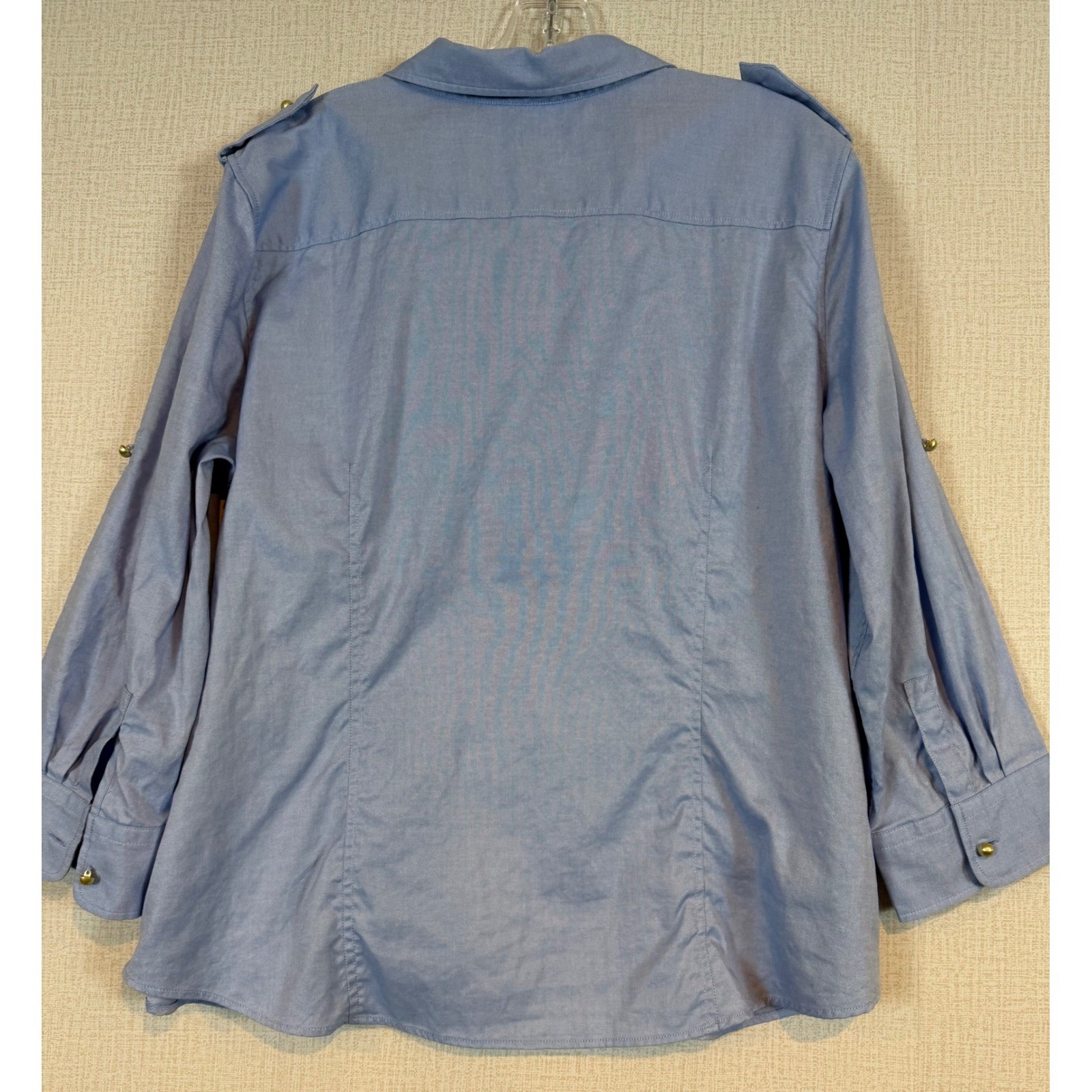 Talbots Womens XL Blue Cotton Oxford Roll Tab Sleeve Utility Popover Blouse