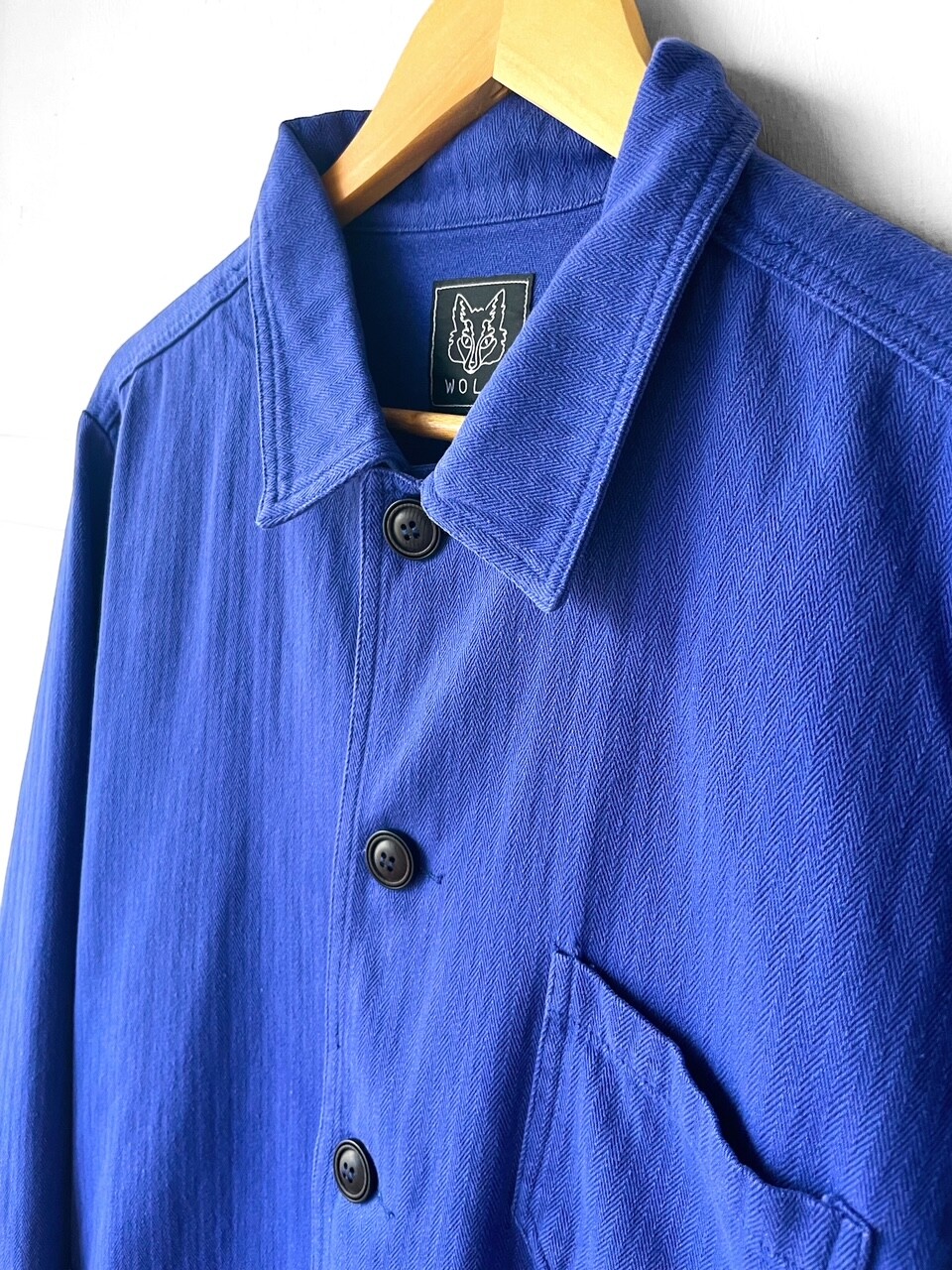 Herringbone French Chore Jacket 60s Style Bugatti Blue Washed Cotton Twill
