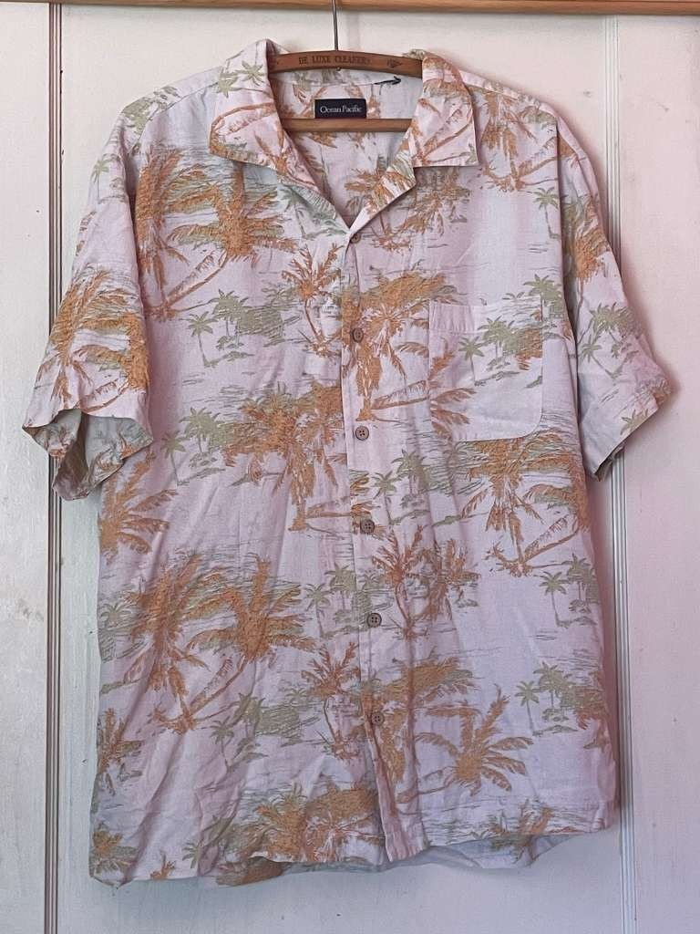 Ocean Pacific Men’s L 100% Silk Hawaiian Palm Tree Short Sleeve Shirt Cream