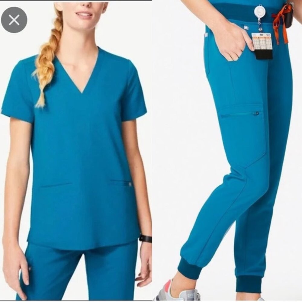 Figs XXS Casma Top XS Zamora Jogger Pants Alps Blue Scrubs Limited Edition