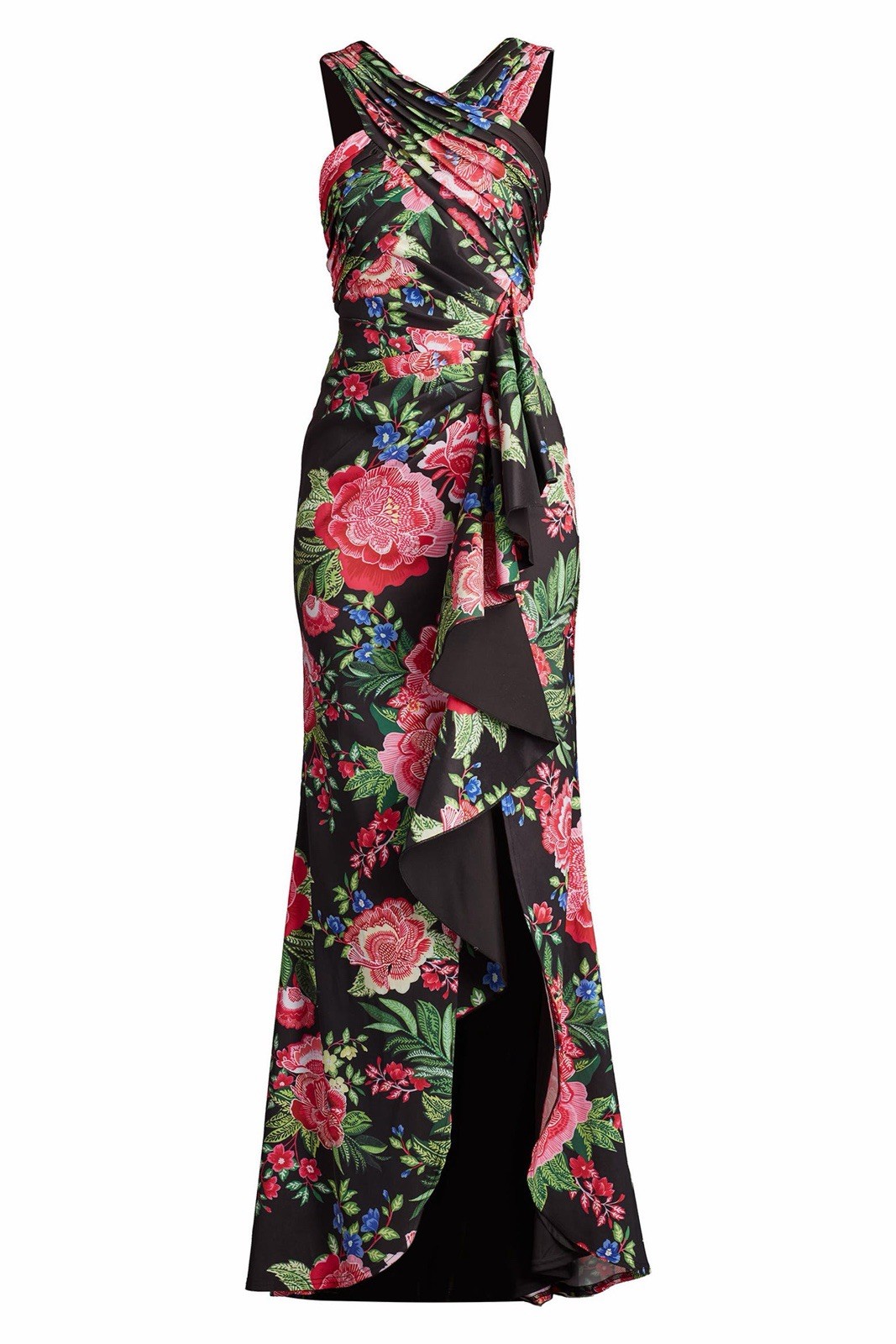 NWT Tadashi Shoji Twist Front Pleated Mermaid Gown in Black Fuchsia Floral Sz S