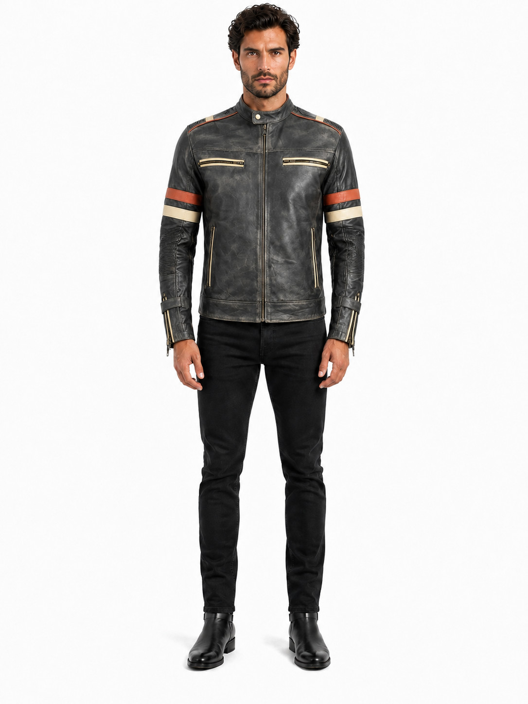 Men’s Black Distressed Leather Cafe Racer Harley Biker Jacket Red Cream Stripes