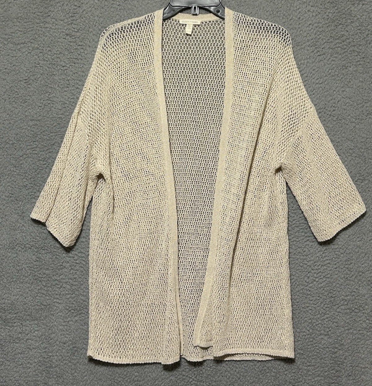 Eileen Fisher Womens XS Beige Cotton Open Front Open Knit 3/4 Sleeve Cardigan