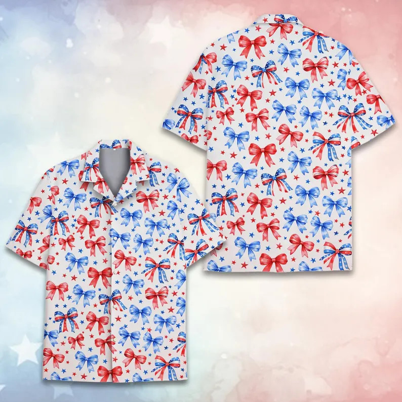 Patriotic Bow Red White Blue Bow 4th Of July Aloha Summer Hawaiian Shirt