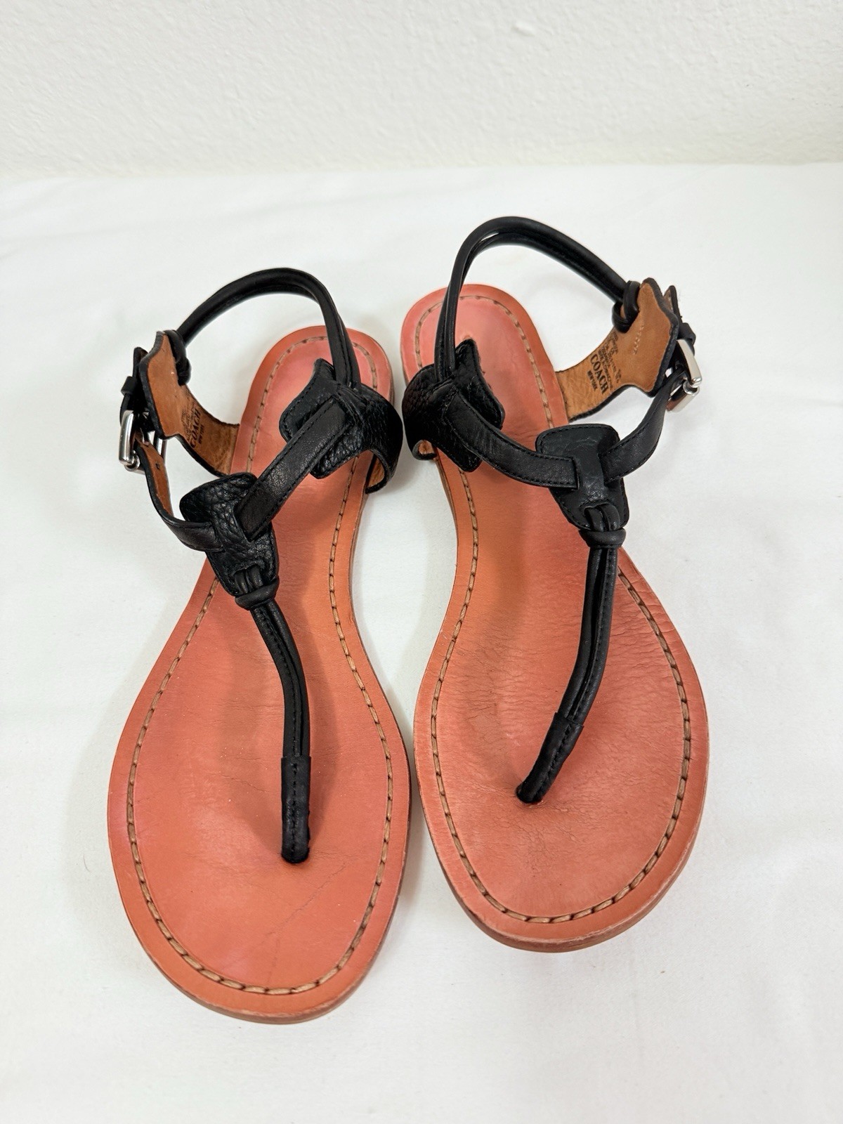 Coach Clarkson Black Leather T-Bar Thong Sandals Coral Footbed Womens 7.5B