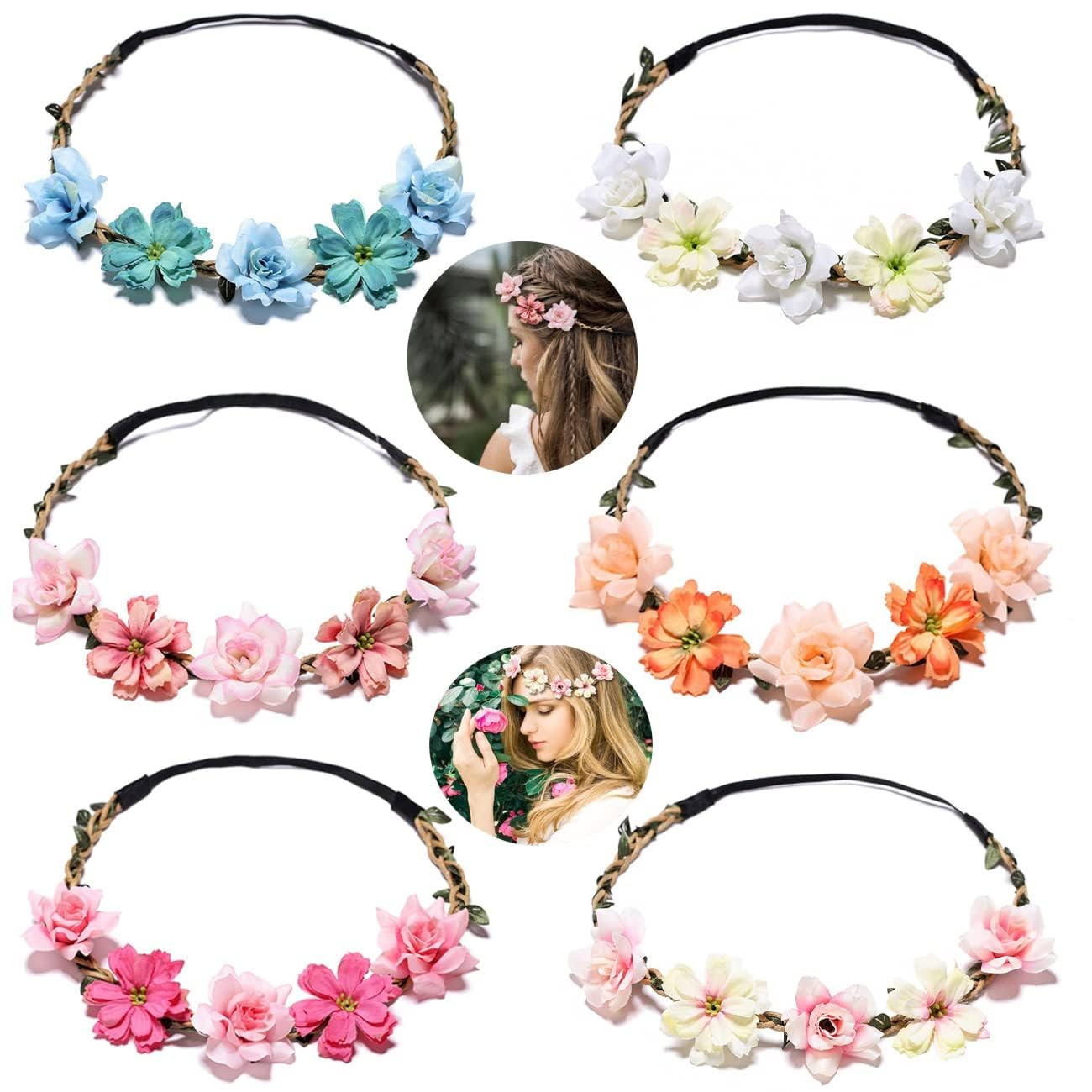 Women Headpieces Collection Accessories – 6 PCS Boho Hair Wreaths, Flower Crowns