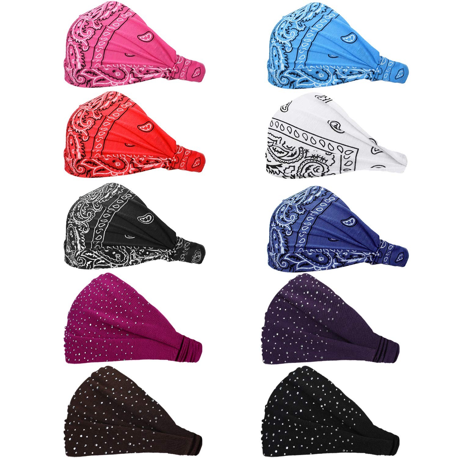 WILLBOND 10 Pcs Wide Bandana Headbands for 10 Count (Pack of 1), Multicolor