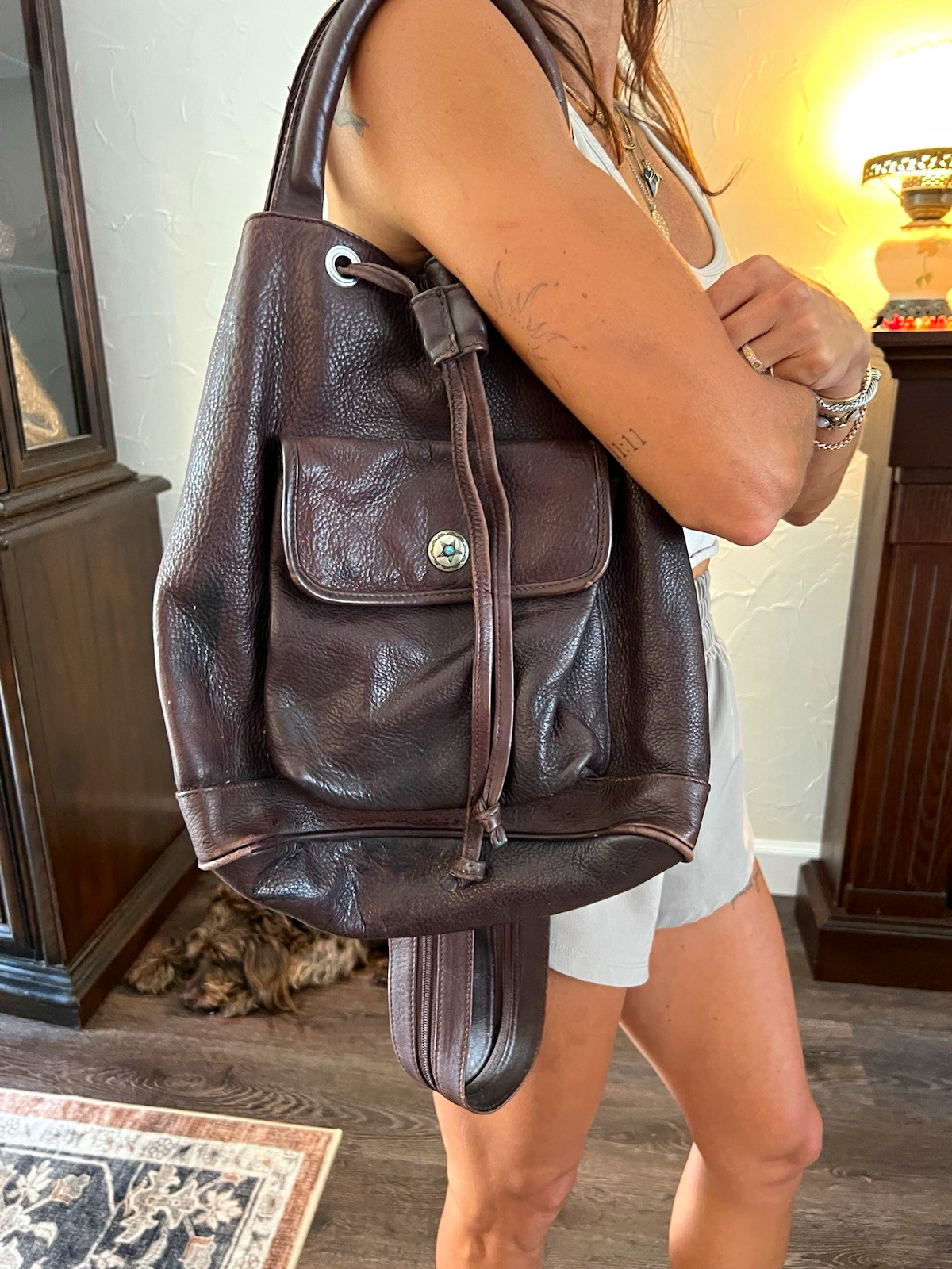 Y2k Vintage brown pebbled leather drawstring backpack western turquoise snap