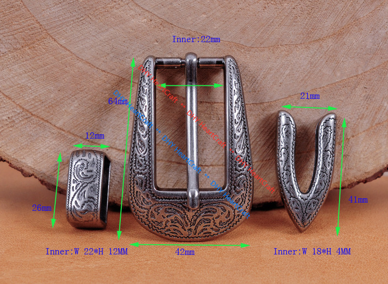 22mm Vintage Silver Flower Engraved Cowboy Western 3 piece belt Pin buckle Set