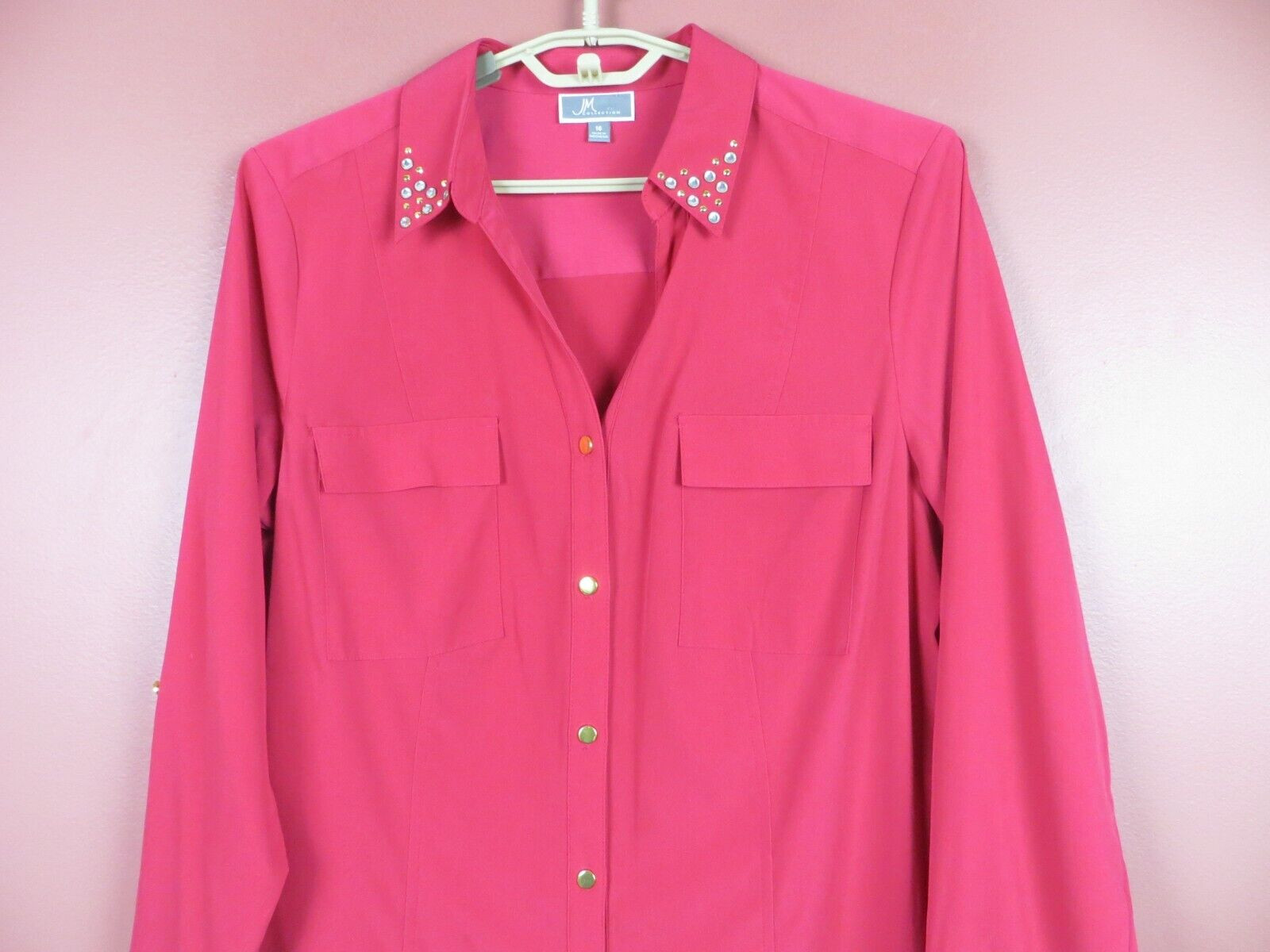 JM COLLECTION Women Slippery Polyester Blouse Pocket Beaded Dark Magenta Pink 16