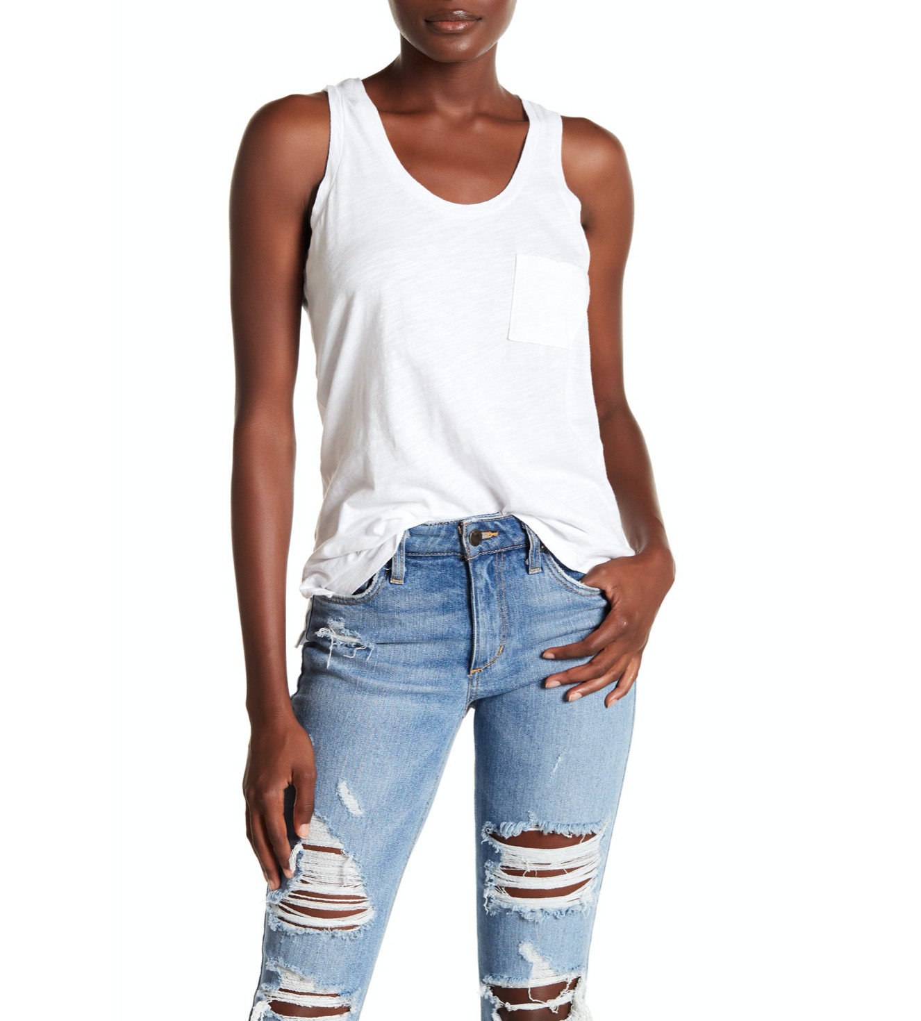 MADEWELL WOMEN’S WHITE SLEEVELESS SCOOP NECK POCKET WHISPER COTTON TANK Sz M