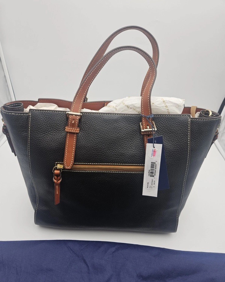 Dooney & Bourke Black & Tan Pebble Grain Leather Large Mindy Tote NWT