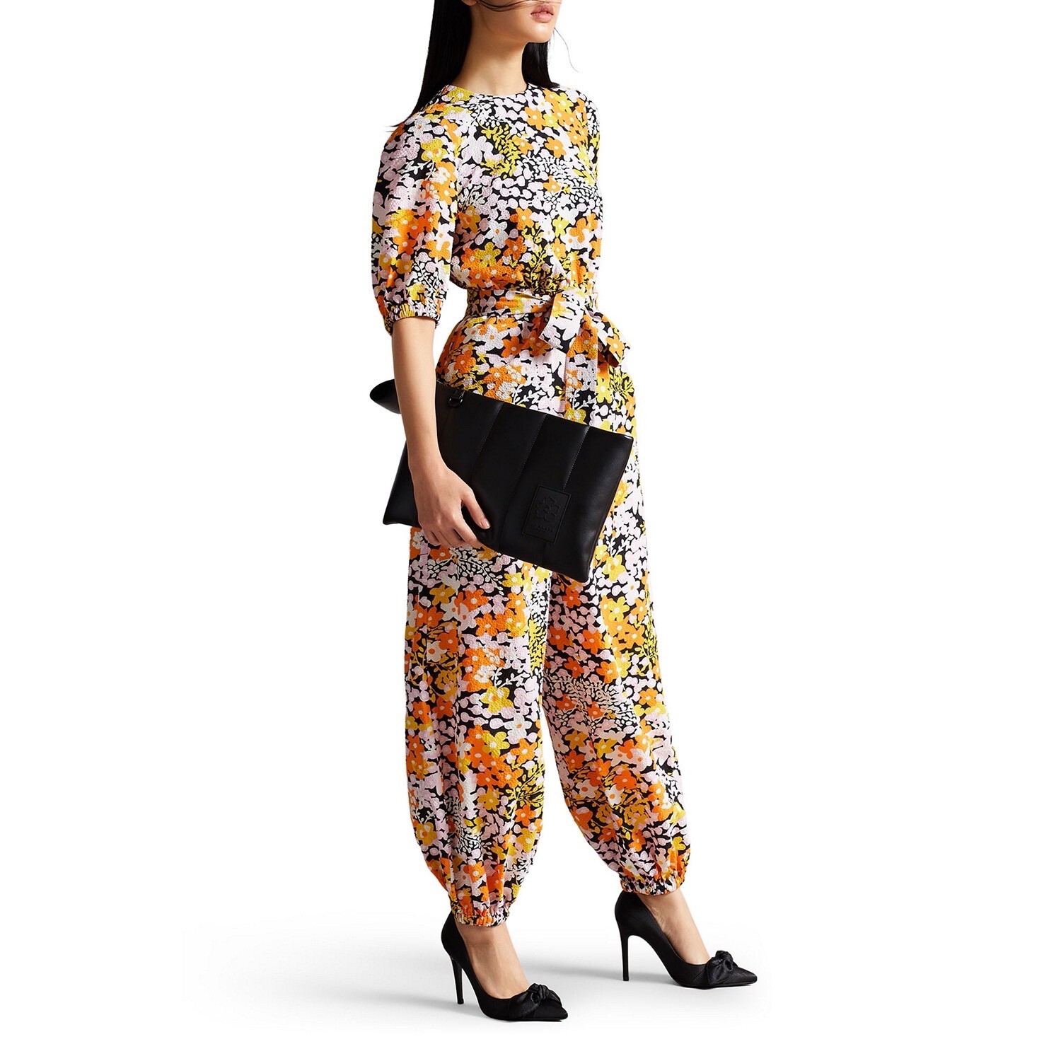 £220 TED BAKER YILENA BALLOON LEG JUMPSUIT WITH OPEN BACK YELLOW/MULTI Sz 0 6 8
