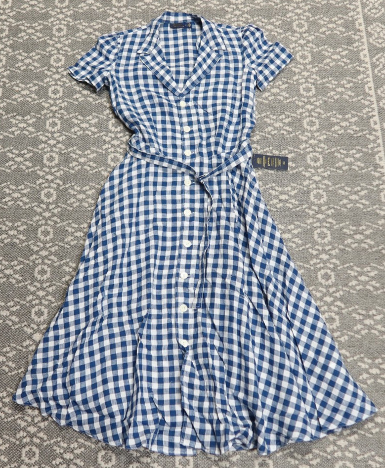 New Polo Ralph Lauren 100% Linen Belted Dress – Size 0 – Blue / White Checkered