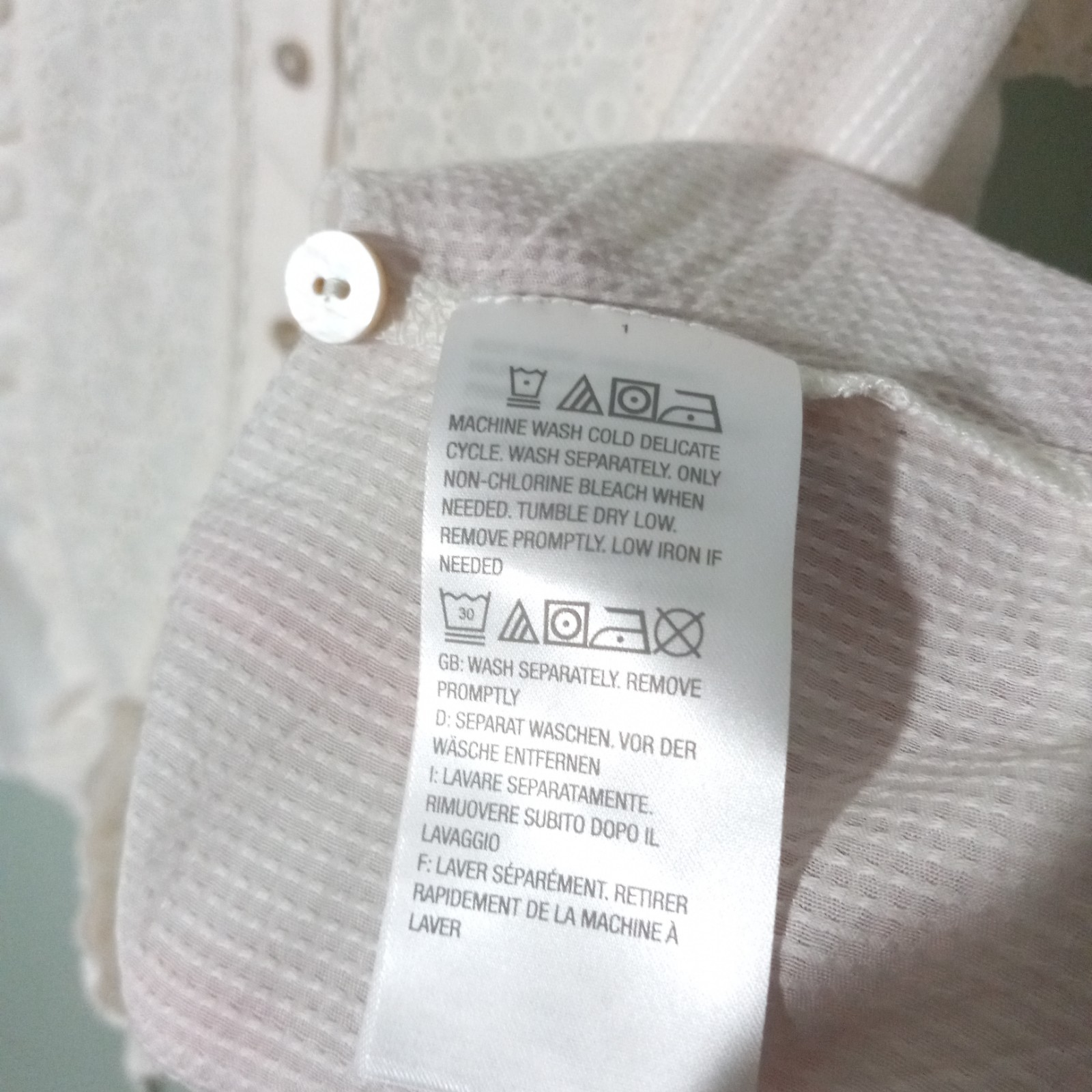 LOGO by Lori Goldstein Button Top Blouse size 1X, Ivory Lace Eyelet Sheer Ruffle