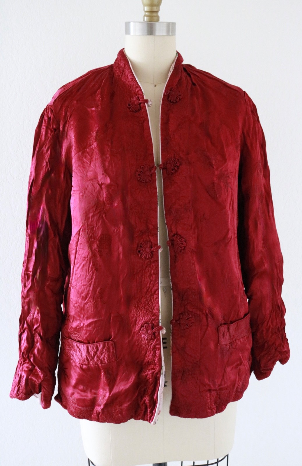 Vintage Reversible Satin Pink & Burgundy Chinoiserie Floral Chinese Jacket READ