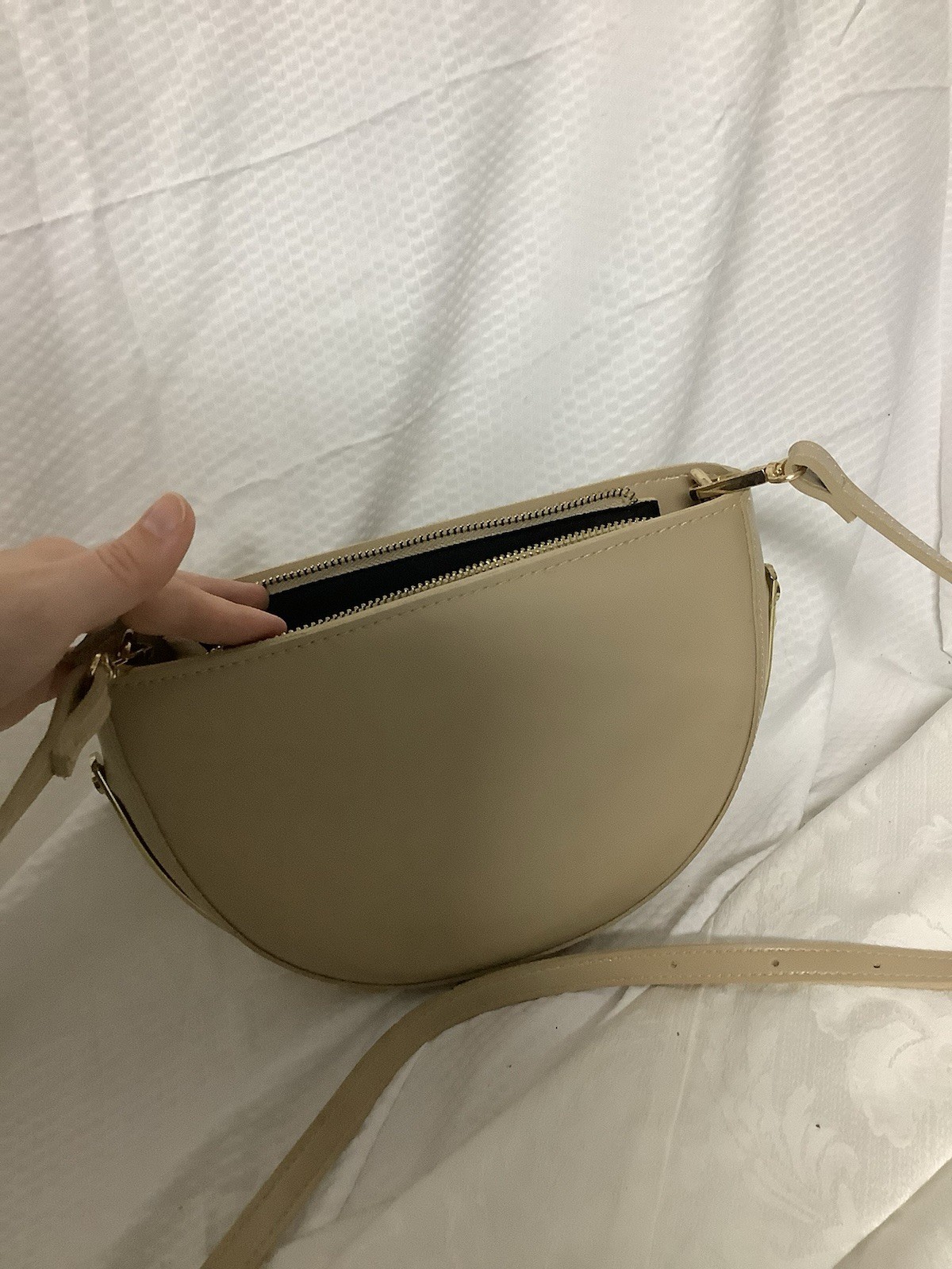 Women’s Beige Semi-Circle Crossbody Bag Gold Hardware Zip Closure Lined