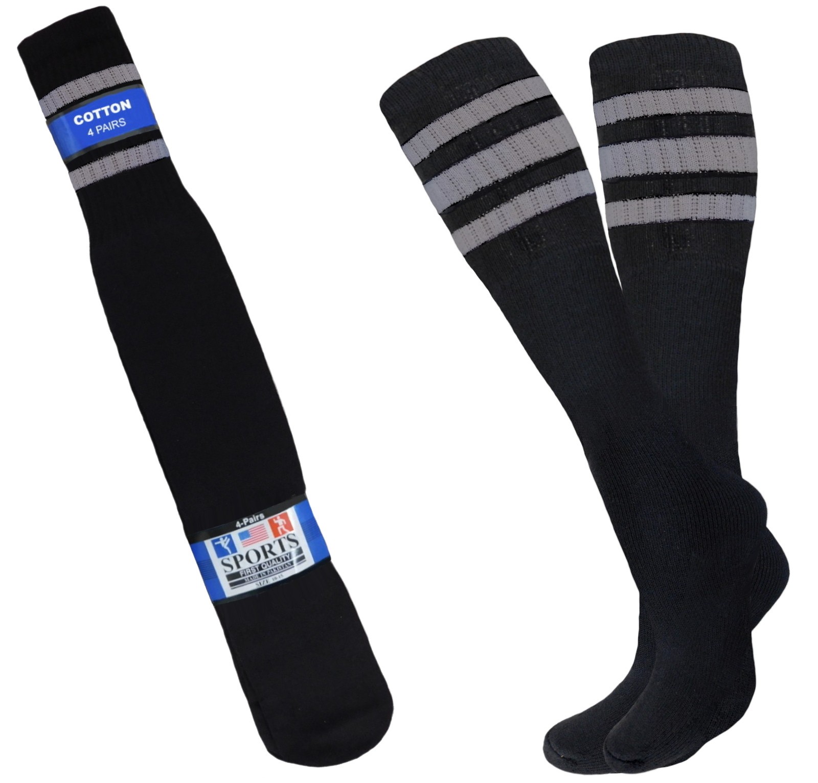 4 Pk Black Tube Socks Striped 22 Inch Long Old School Cotton Socks 6 COLORS