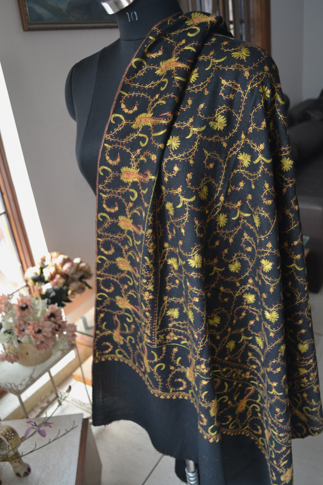 100% CASHMERE BLACK PASHMINA KASHMIRI EMBROIDERY INTRICATE JAAL SHAWL-16 DESIGNS