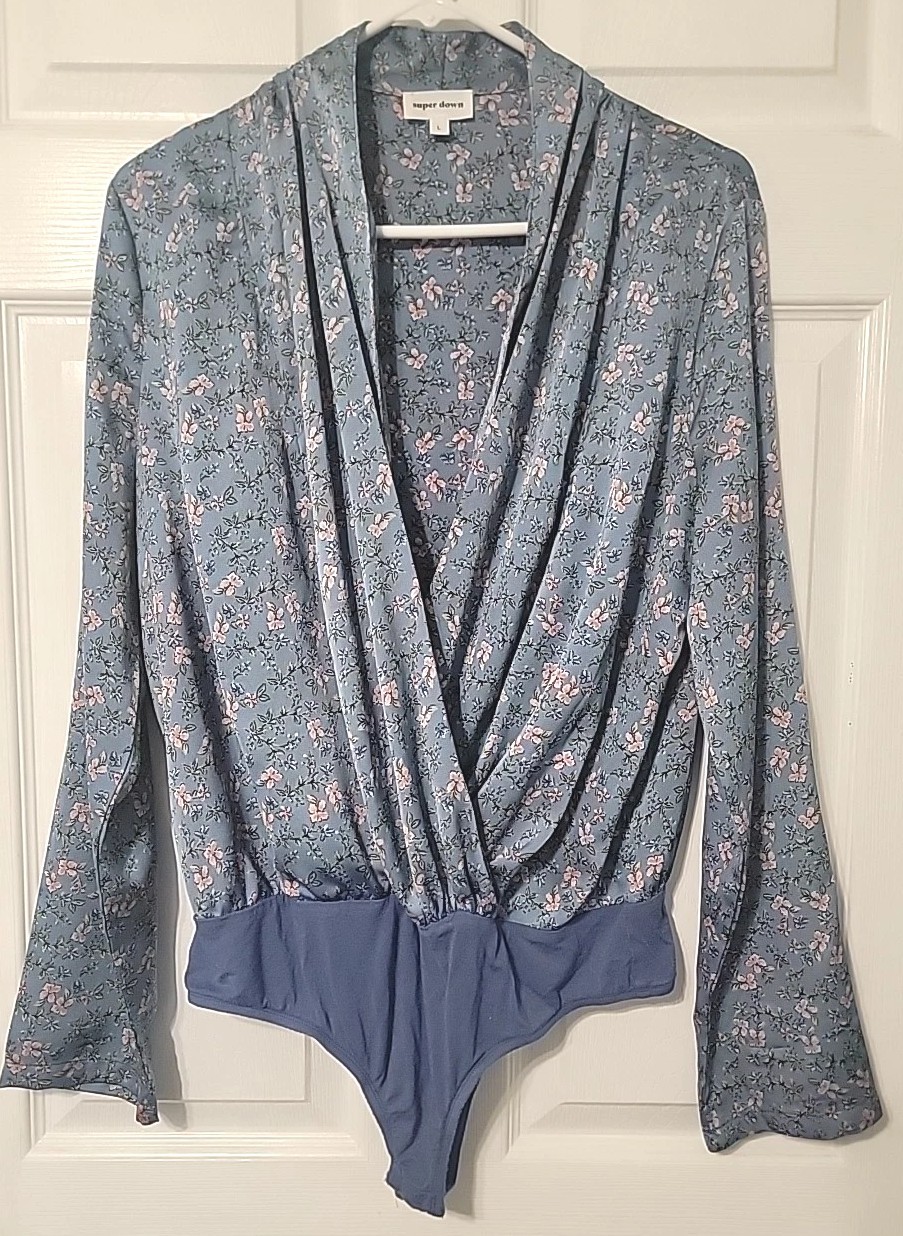 NWOT Sz L Super Down by Revolve Surplice Bodysuit, Hand Wash, Blue w Pink