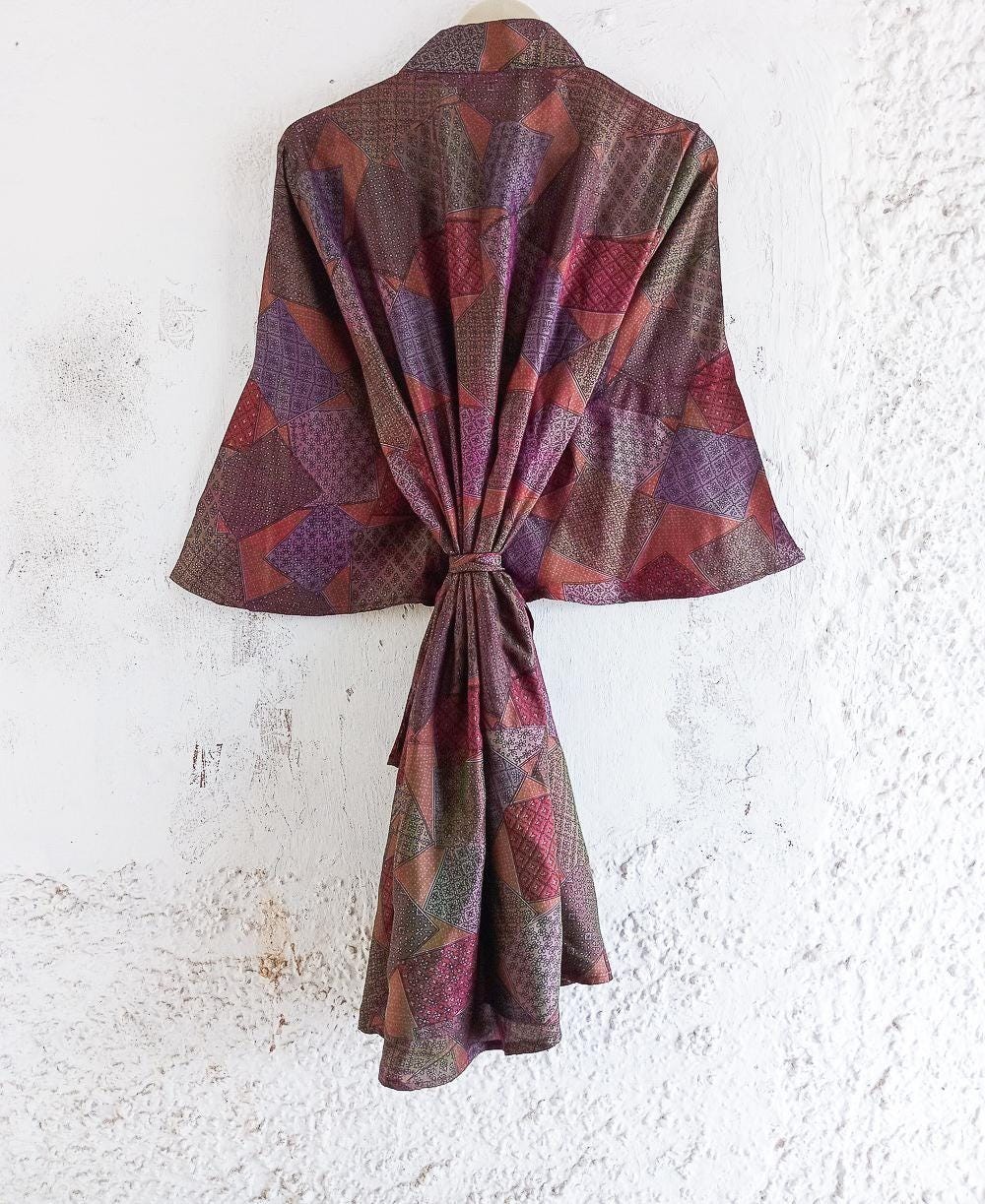 Pure Silk Midi Kimono Knee Length Gown Silk Robe MKMO1678