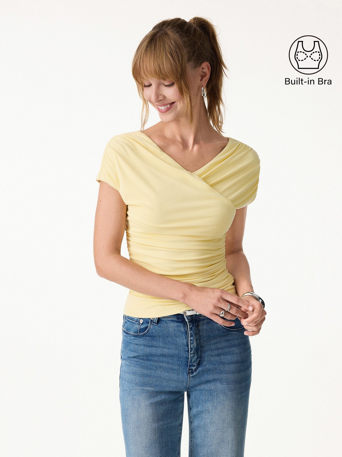 New Arrival OGLMOVE Ruched Surplice V-Neck Bra Top Stretch Fit