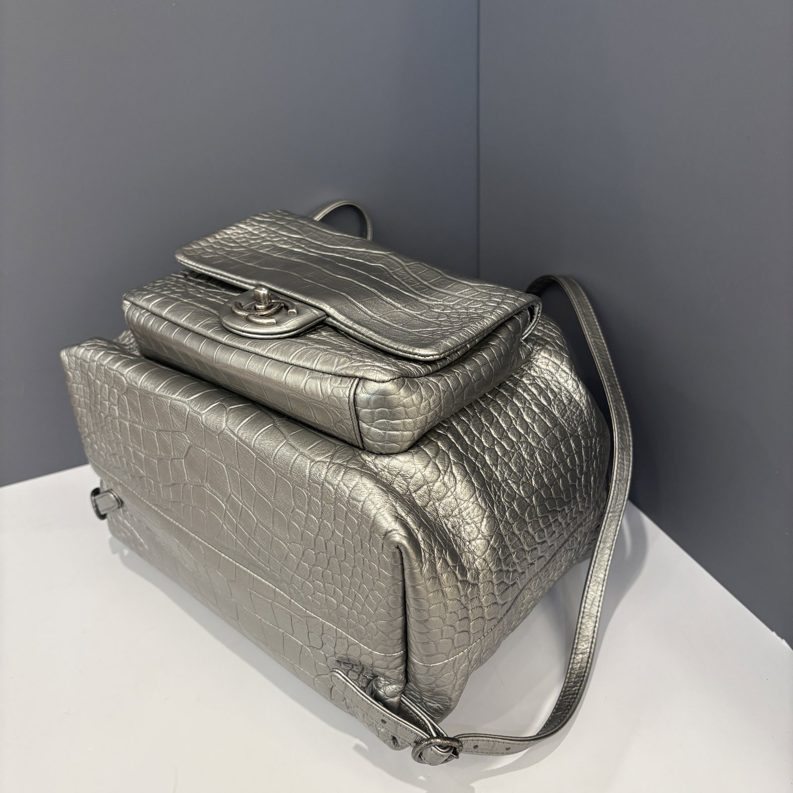 Chanel Backpack Silver Calfskin Crocodile Embossed (hs021026a4)
