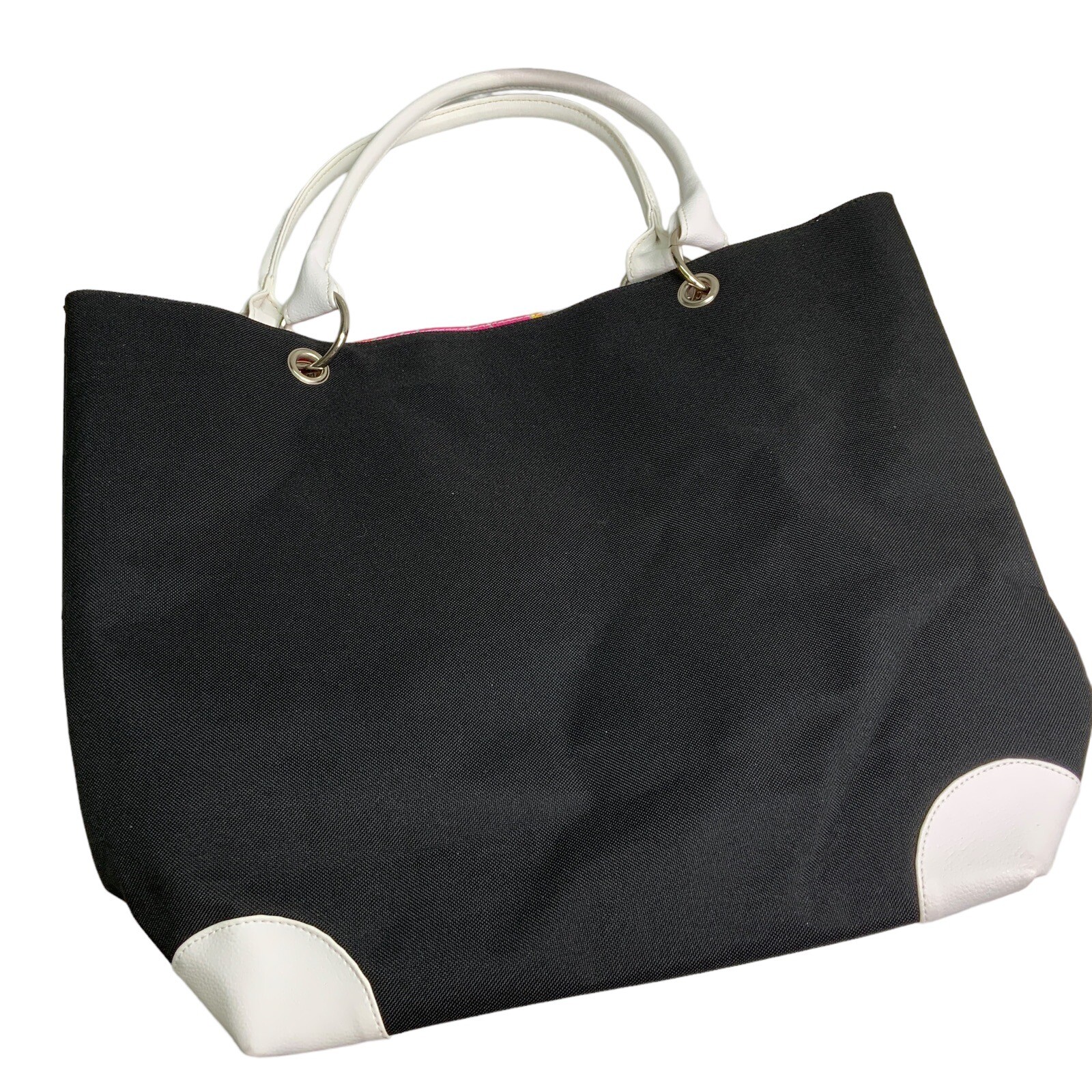 Lancome Black CanvasTote Bag Double Handle White Faux Leather Nylon Lining