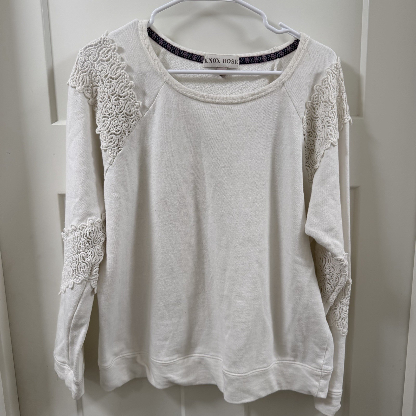 Knox Rose Women Comfy White Sweatshirt Crochet Lace Panels L