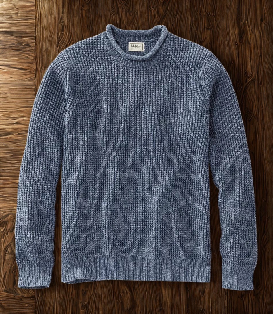 L.L. Bean Organic Cotton Fisherman Sweater 2XL Blue Roll Neck Waffle Knit NWT