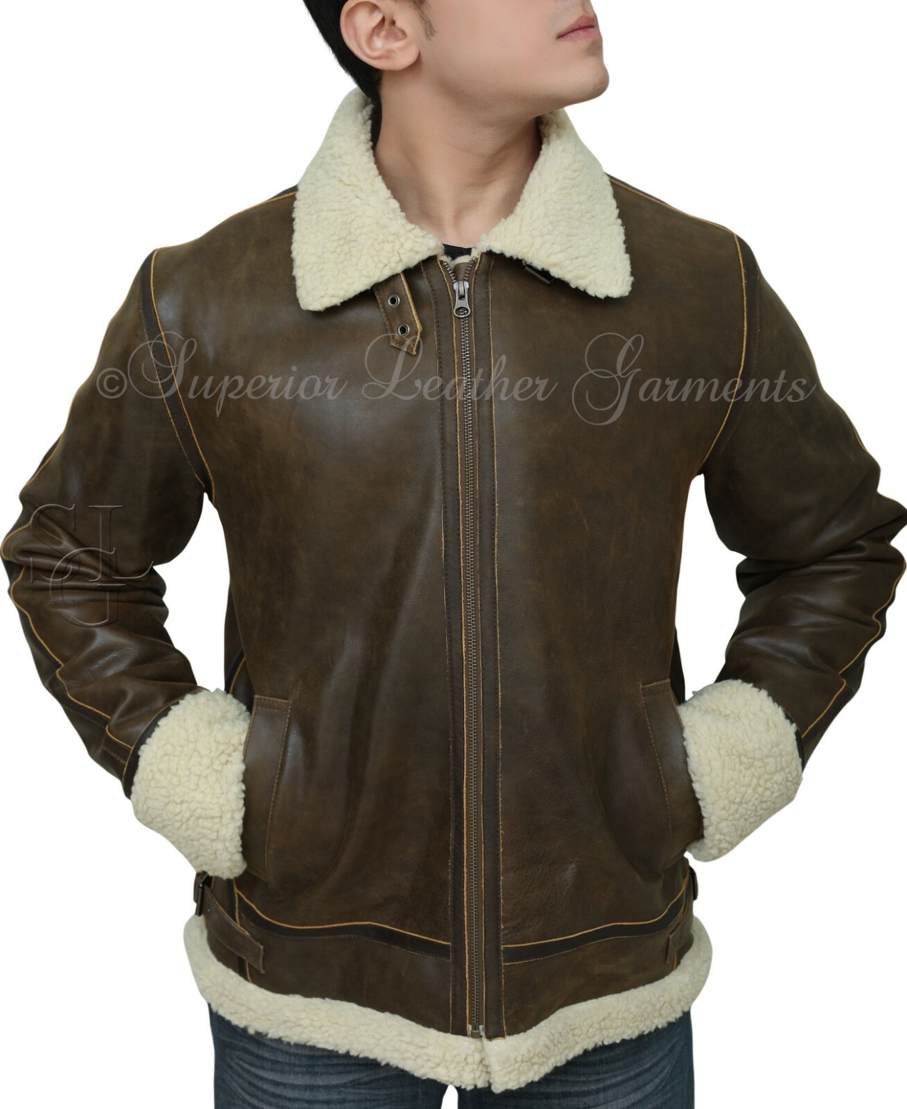 Mens Brown Real Cow Hide Mummy 3 Sharpa Leather Jacket