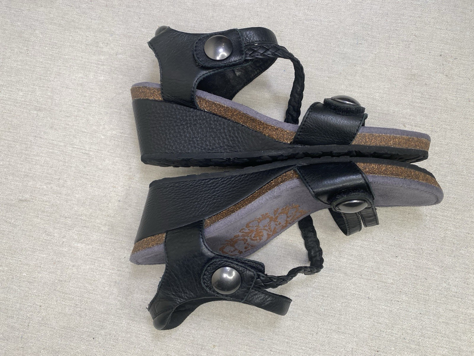 Aetrex Naya Black Leather Braided Strap Comfort Sandals Womens 8.5 EW450W