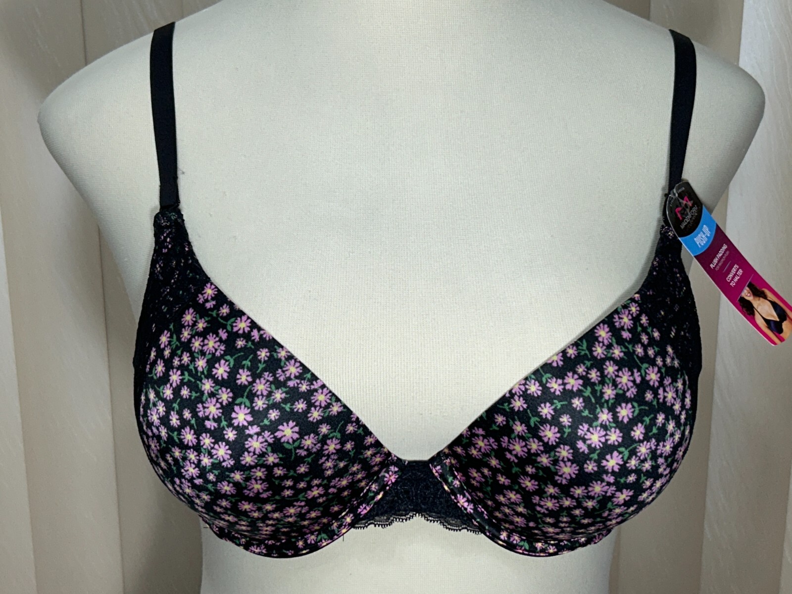 Maidenform Underwire T Shirt Bra 36C Push Up Multiway Straps Black Floral 09428