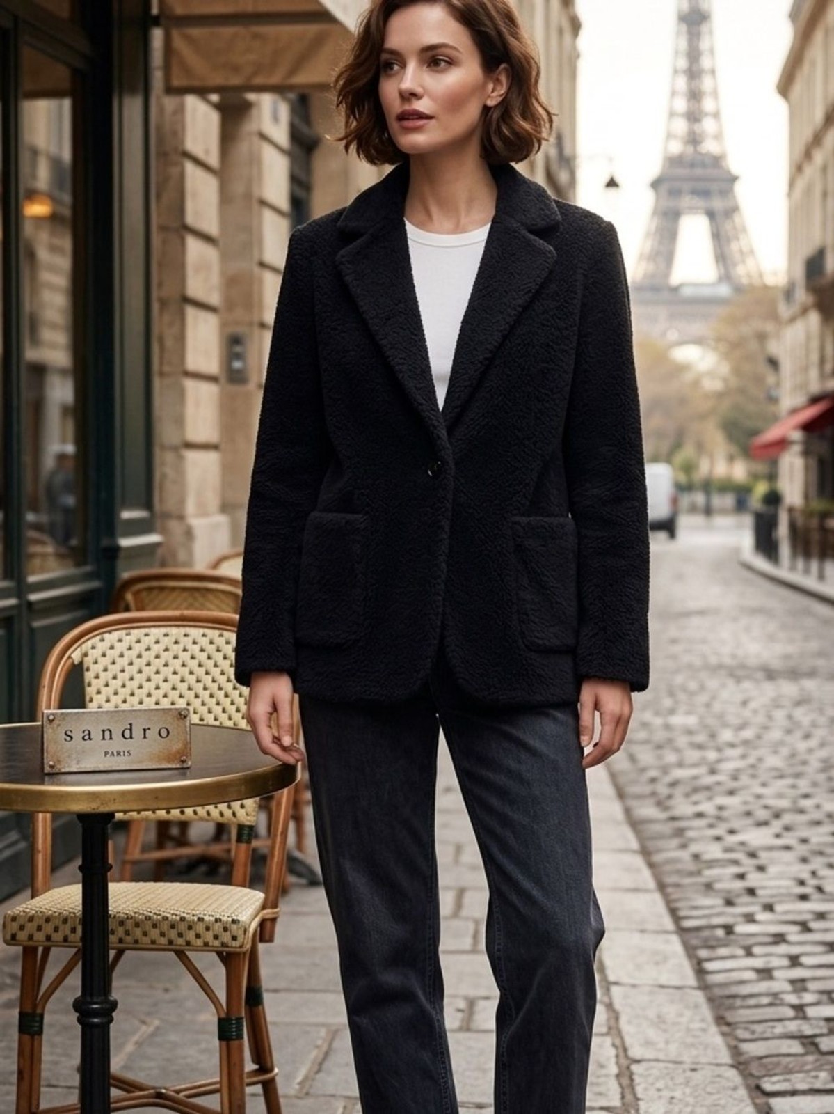 Sandro Paris Black Teddy Blazer Soft Tailored Sherpa Fleece Jacket Size M Medium