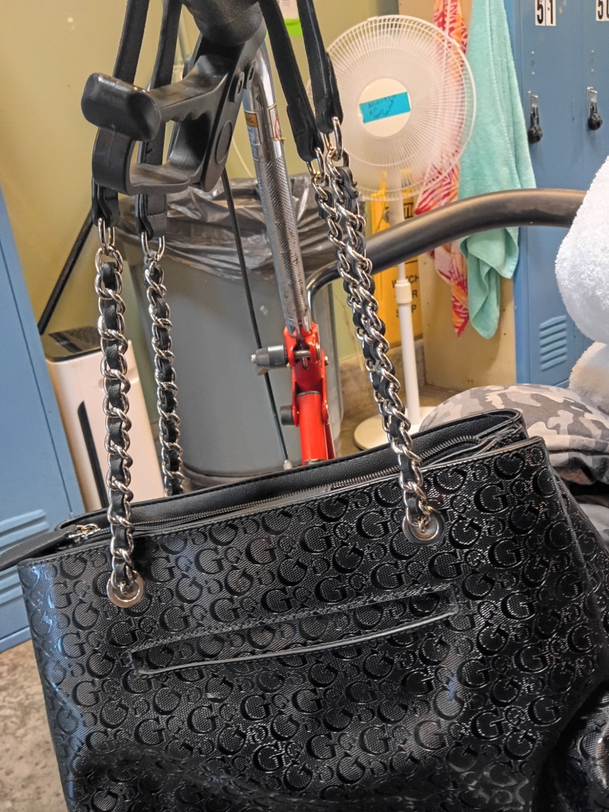 GUESS Black Logo Embossed Large Shoulder Tote Zip Chain Strap Silver Hardware