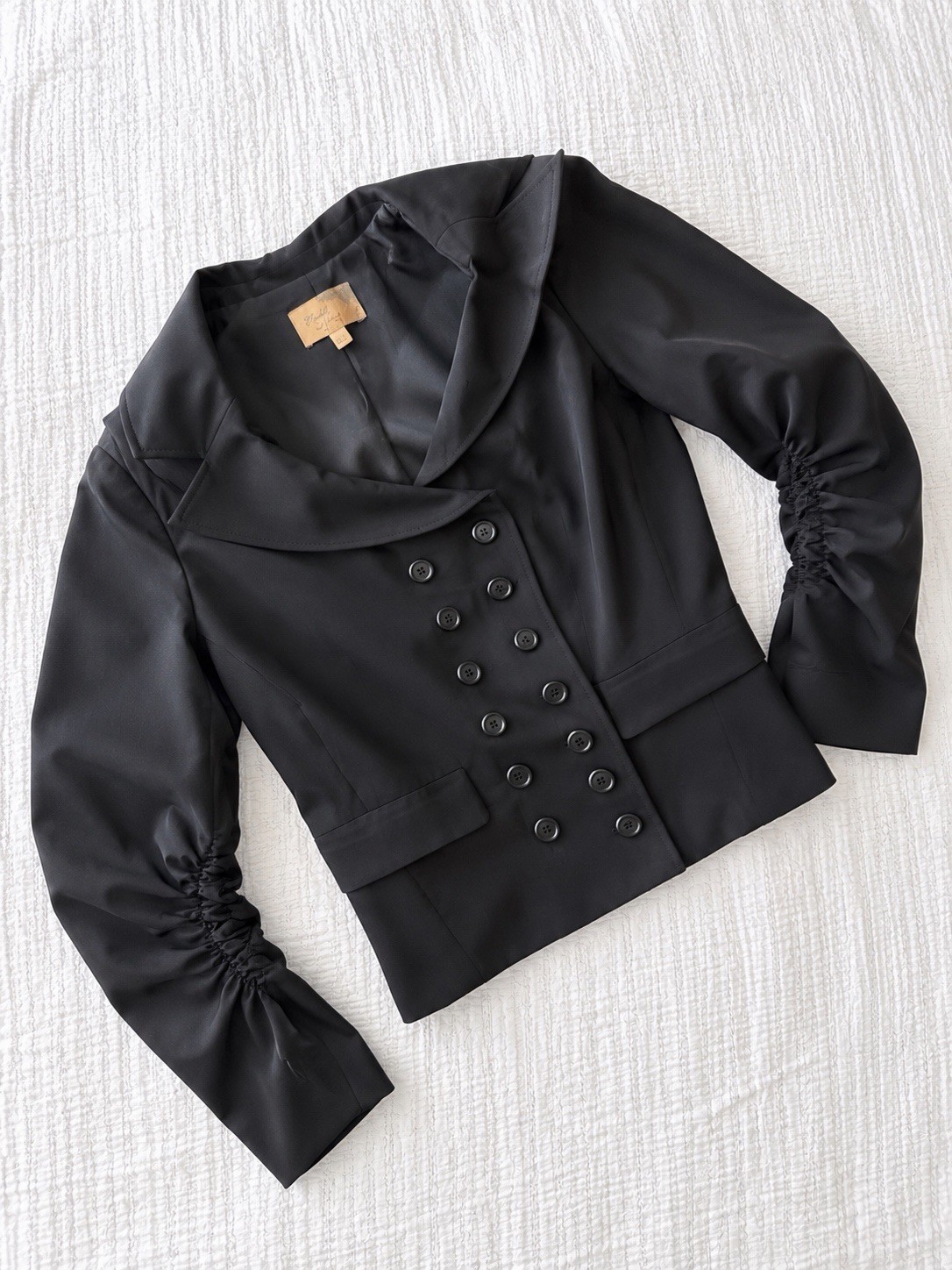 Elizabeth and James Black Double-Breasted Ruched Sleeve Blazer Jacket Size 8