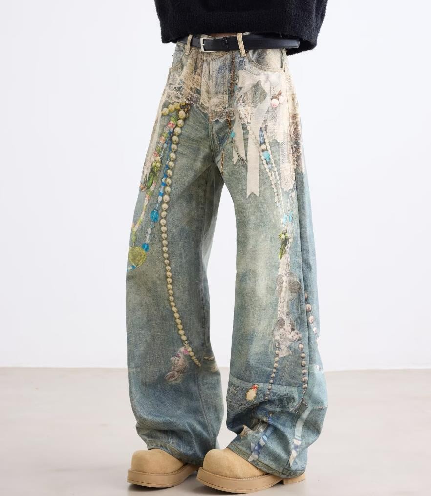 Men’s Retro Blue Denim Straight Leg Printed Jeans Punk Hip Hop Casual Trousers
