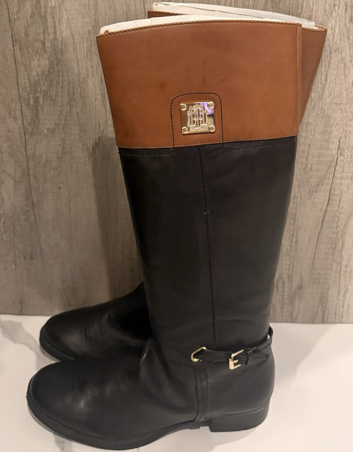 Women’s Leather Knee-High Riding Boots Black/Brown Two-Tone Buckle Size 9