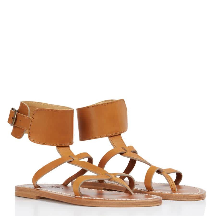 K Jacques Ladies Brown Caravelle Flat Leather Sandals