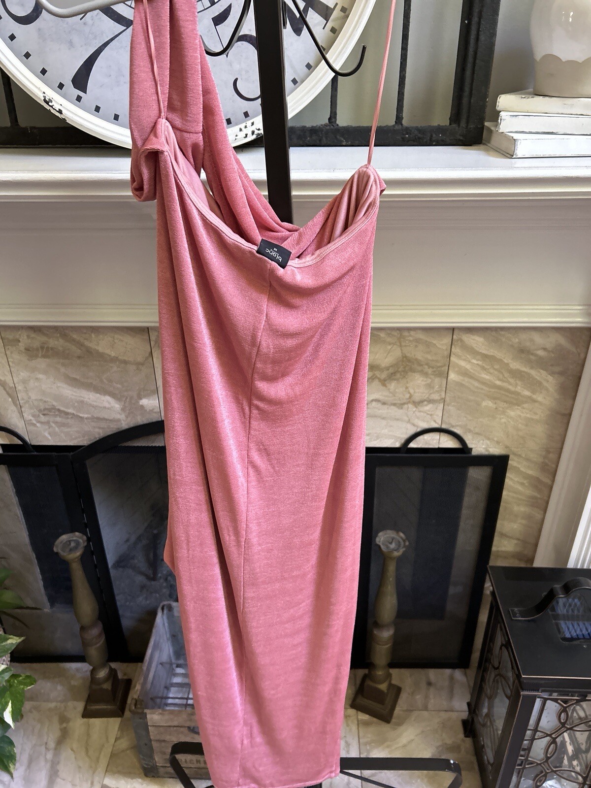 BLANC jersey ruched front cross strap halter neck dress in light rose sz M
