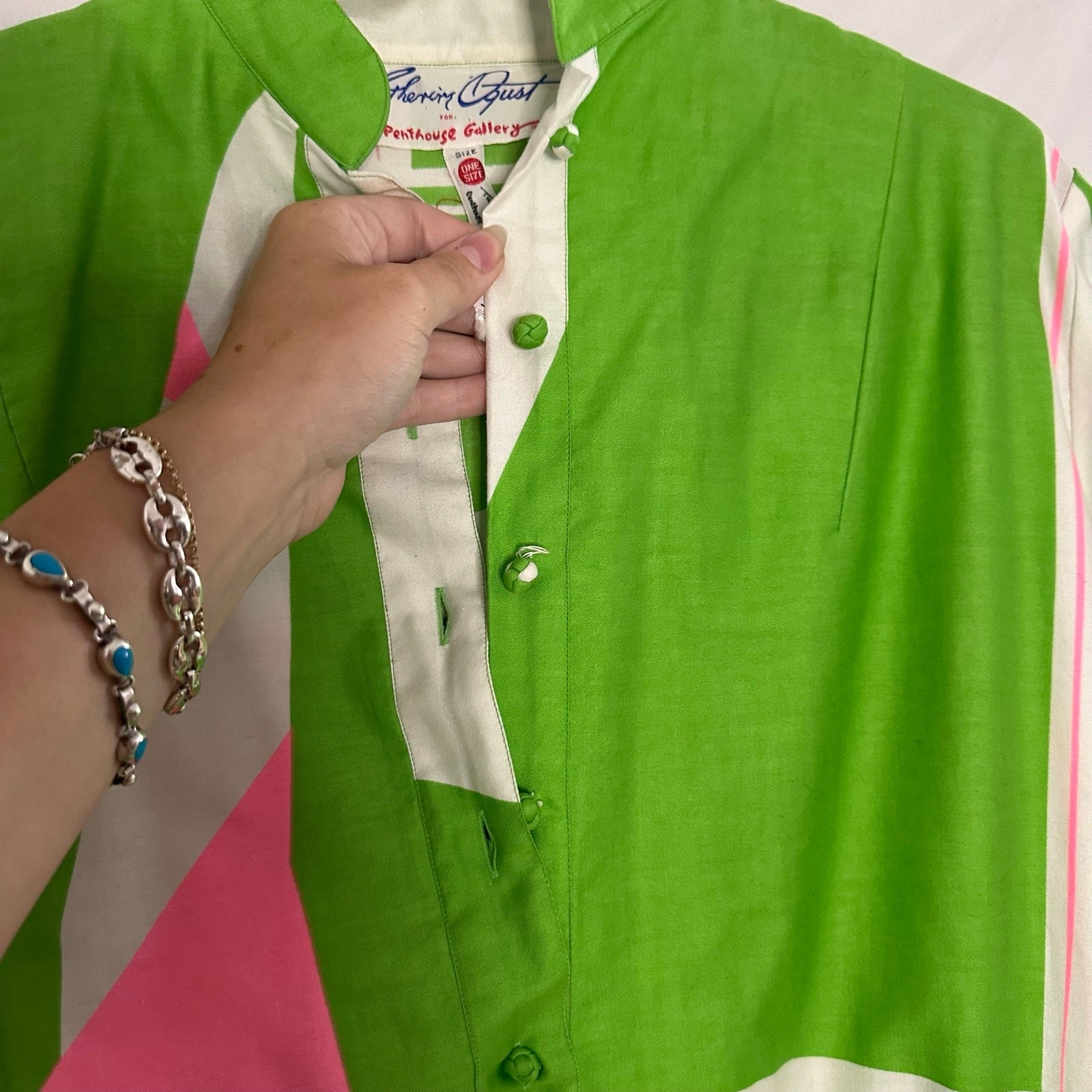 Vintage Catherine Ogust for Penthouse Gallery Mini Shirt Dress Green Pink