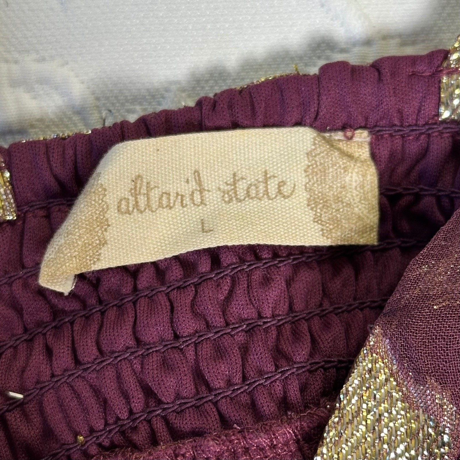Altar’d State Vanessa Purple & Gold Metallic Leaf Maxi Dress V-Neck Tassel Tie L