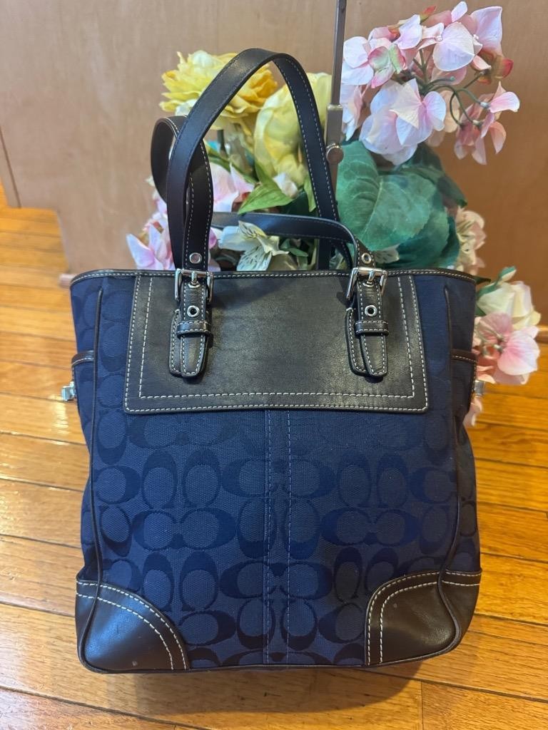 Coach monogrammed navy canvas and leather shoulder bag # F10659 (pu150