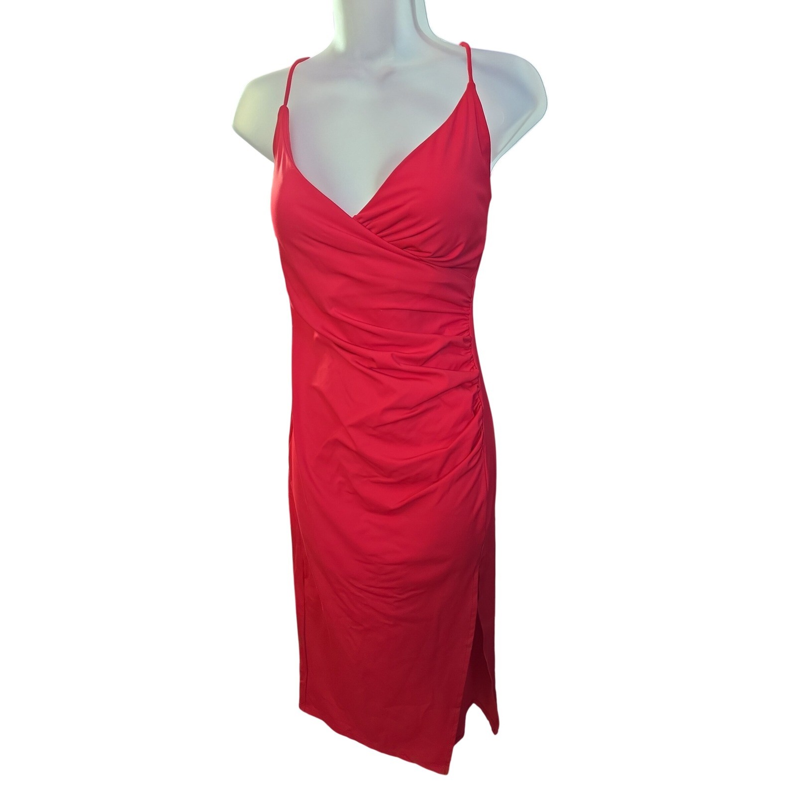 Halara Red Ruched Side Slit V-Neck Bodycon Midi Dress Small NWT