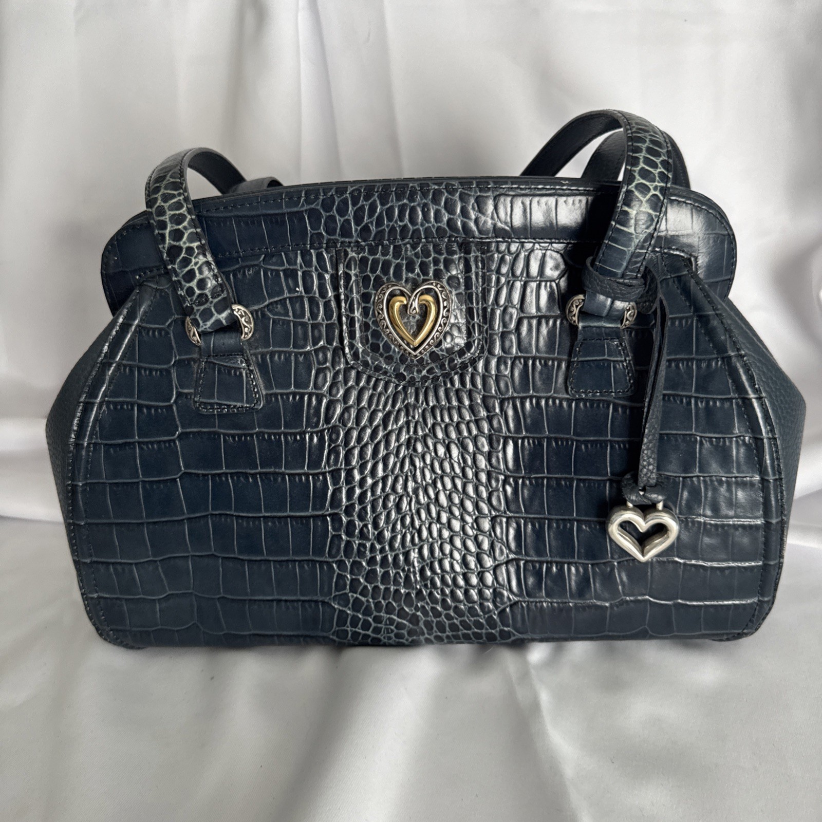 Brighton Vintage Black Leather Crocodile Print Shoulder Bag Purse