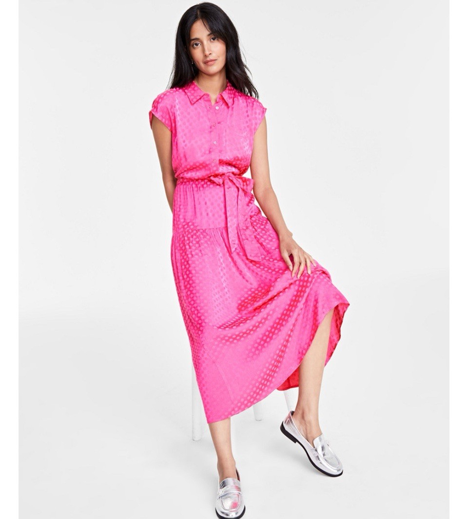 NWT On 34th Tonal Pink Dot Jacquard Cap Sleeve Midi Shirtdress Dress Valentine’s