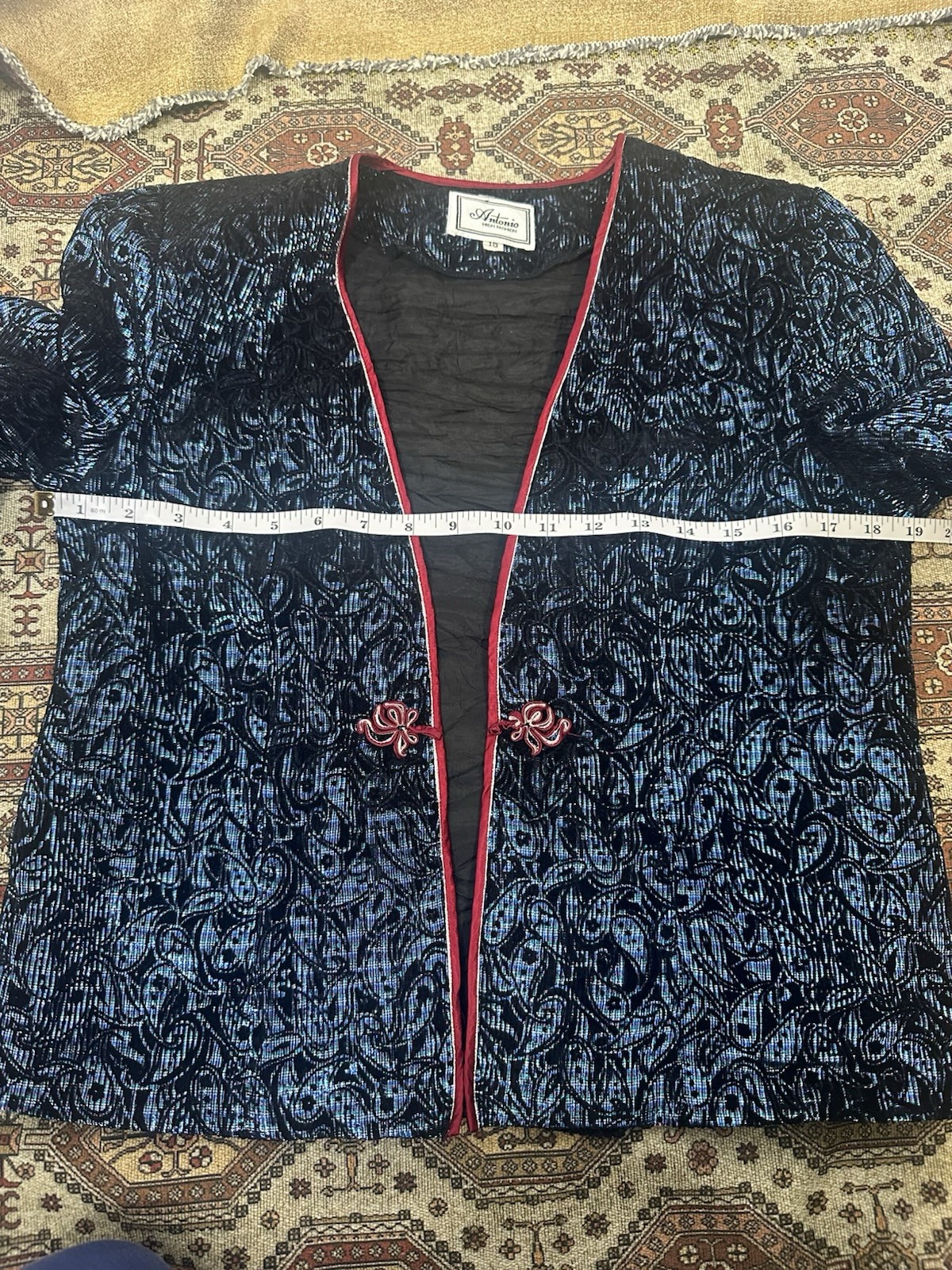 Antonio Blue Black Floral Short Jacket Lined Hook & Eye 3/4 Sleeve Women Size M